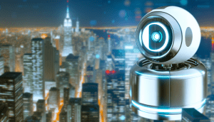 alt_text: A sleek robot in a futuristic cityscape, illustrating AI automation with a modern, professional design.