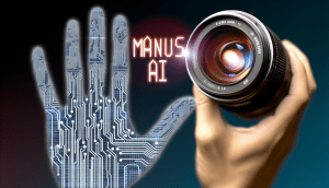 alt_text: A striking cover for 'manus ai', blending human creativity and AI with a stylized, circuit hand.