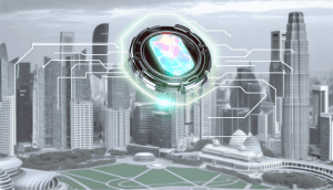 Futuristic tech device glows like opal, set against a modern skyline, embodying innovation and AI.
