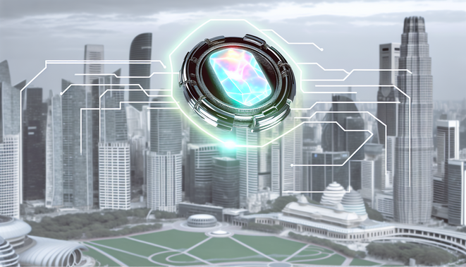 Futuristic tech device glows like opal, set against a modern skyline, embodying innovation and AI.