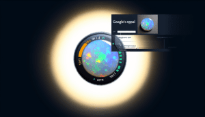 A striking cover featuring an opal gemstone, vibrant colors, and tech elements. Title: "Google's Opal."
