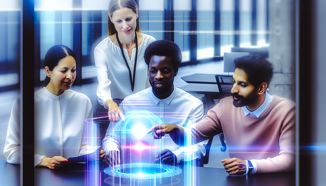 A diverse team collaborates in a sleek workspace, showcasing Google's Opal AI with holographic data.